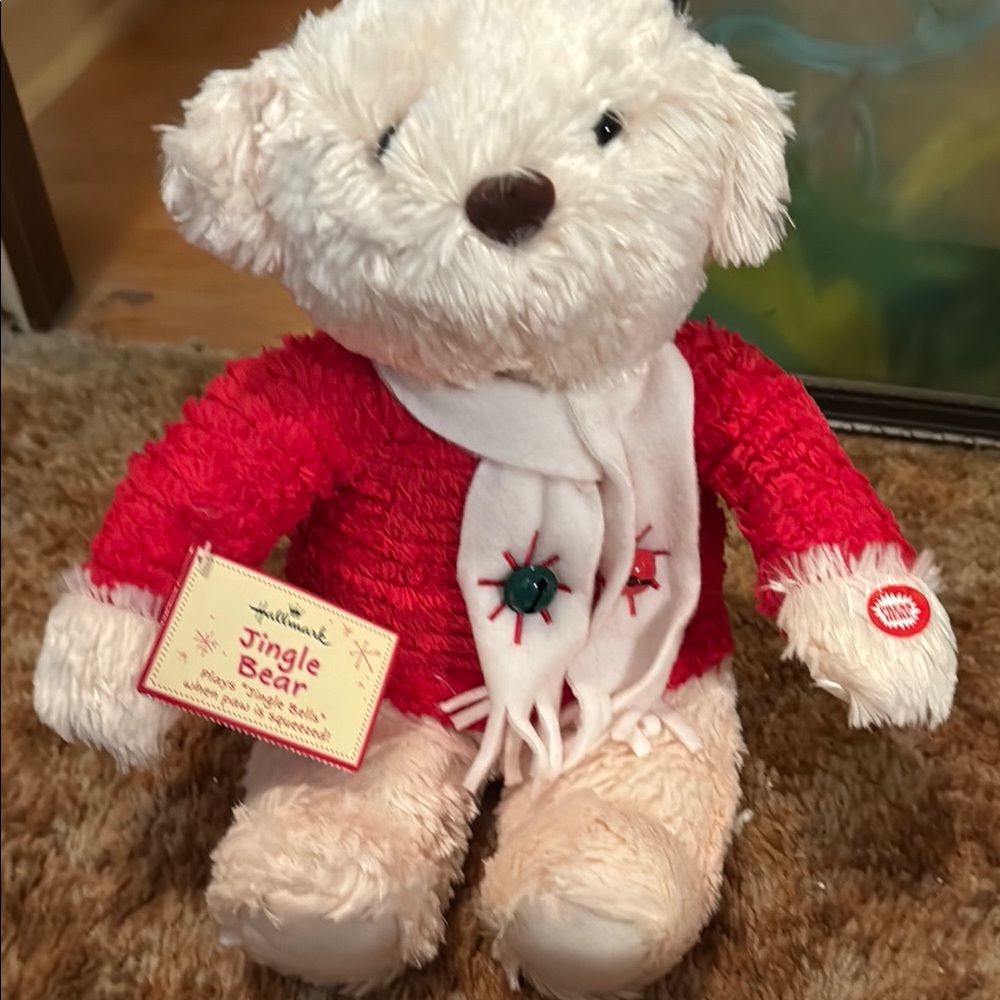 Vintage Hallmark White and Red Jingle Bear Plush- still works!